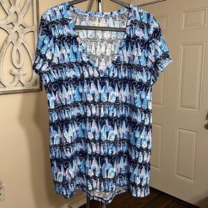 Lilly Pulitzer‎ Etta V Neck Blouse Large Low Tide Navy Sails and Stripes Tee